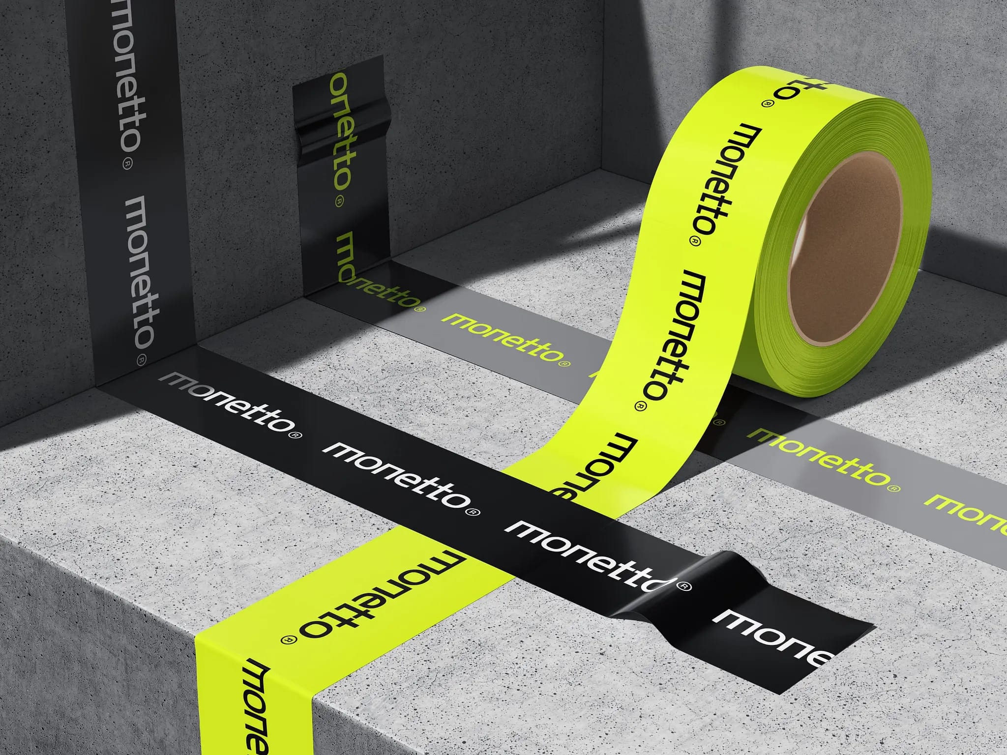 The Neon Shock 2026 colour trend on branded packaging tape, with black, white and bold neon accents
