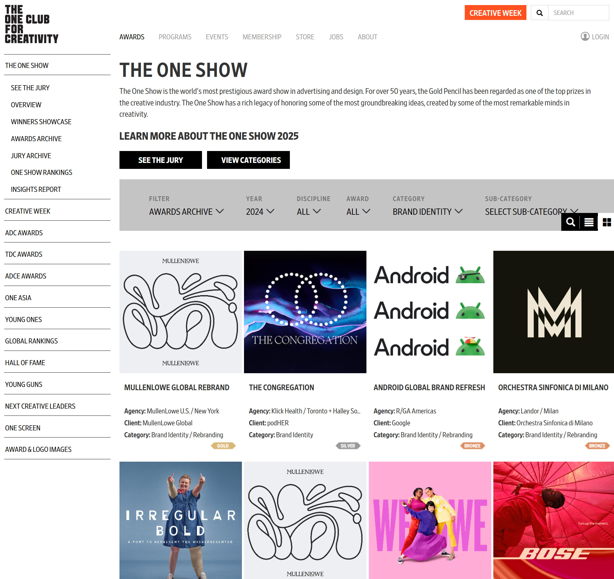 A screenshot of the The One Show awards archive