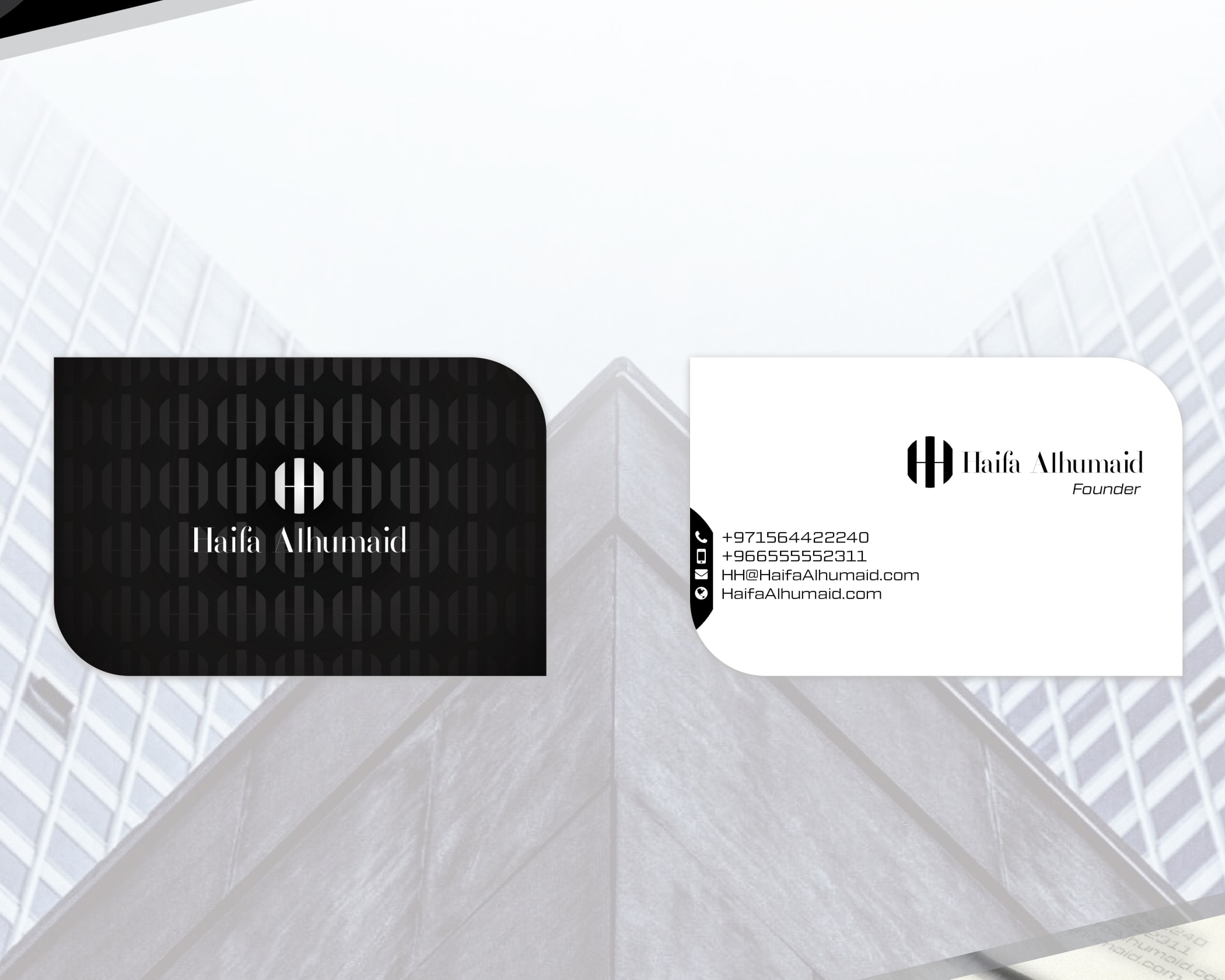 Black and white business card with two rounded corners
