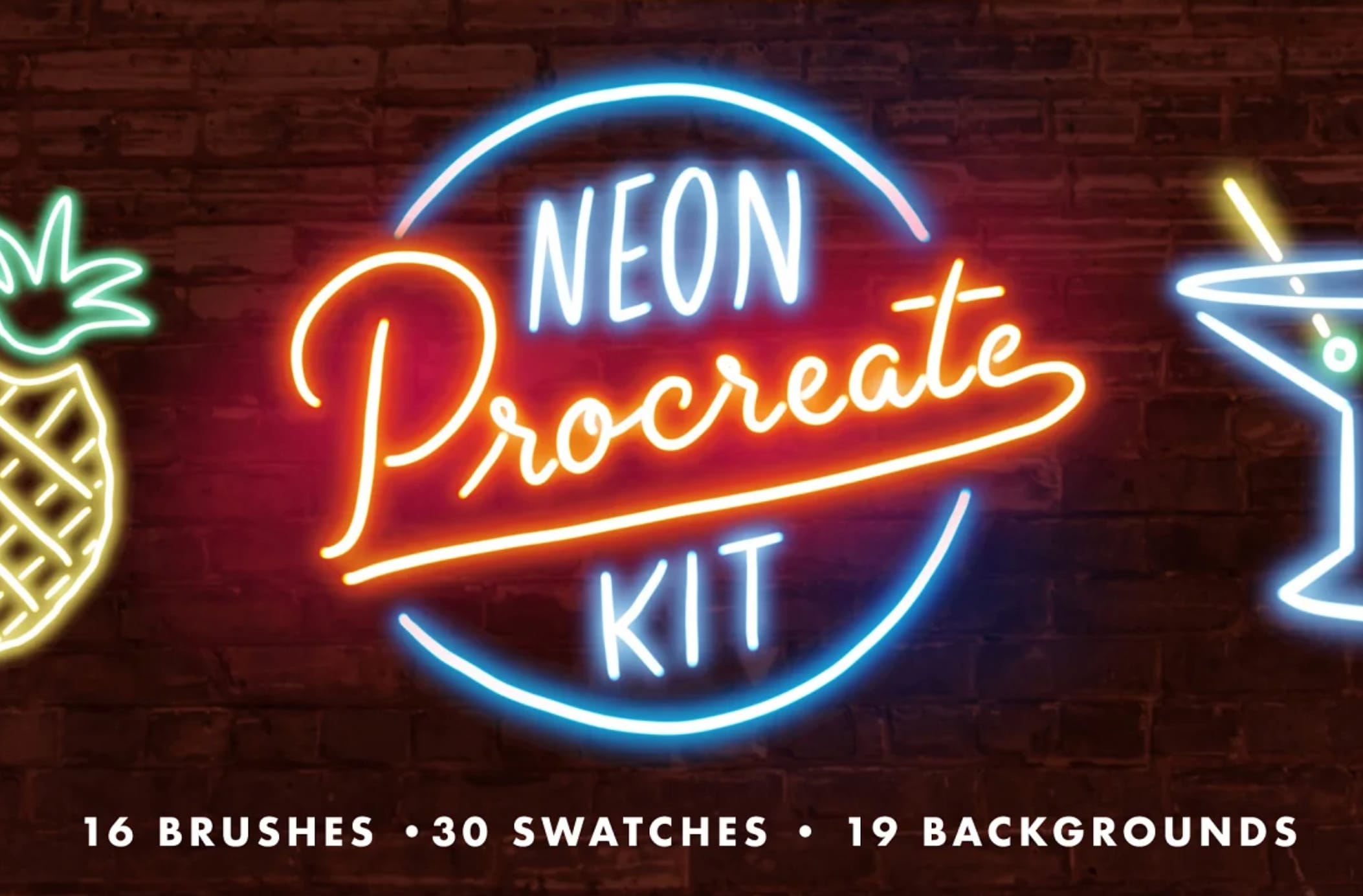 round neon sign-style logo with a pineapple and a martini