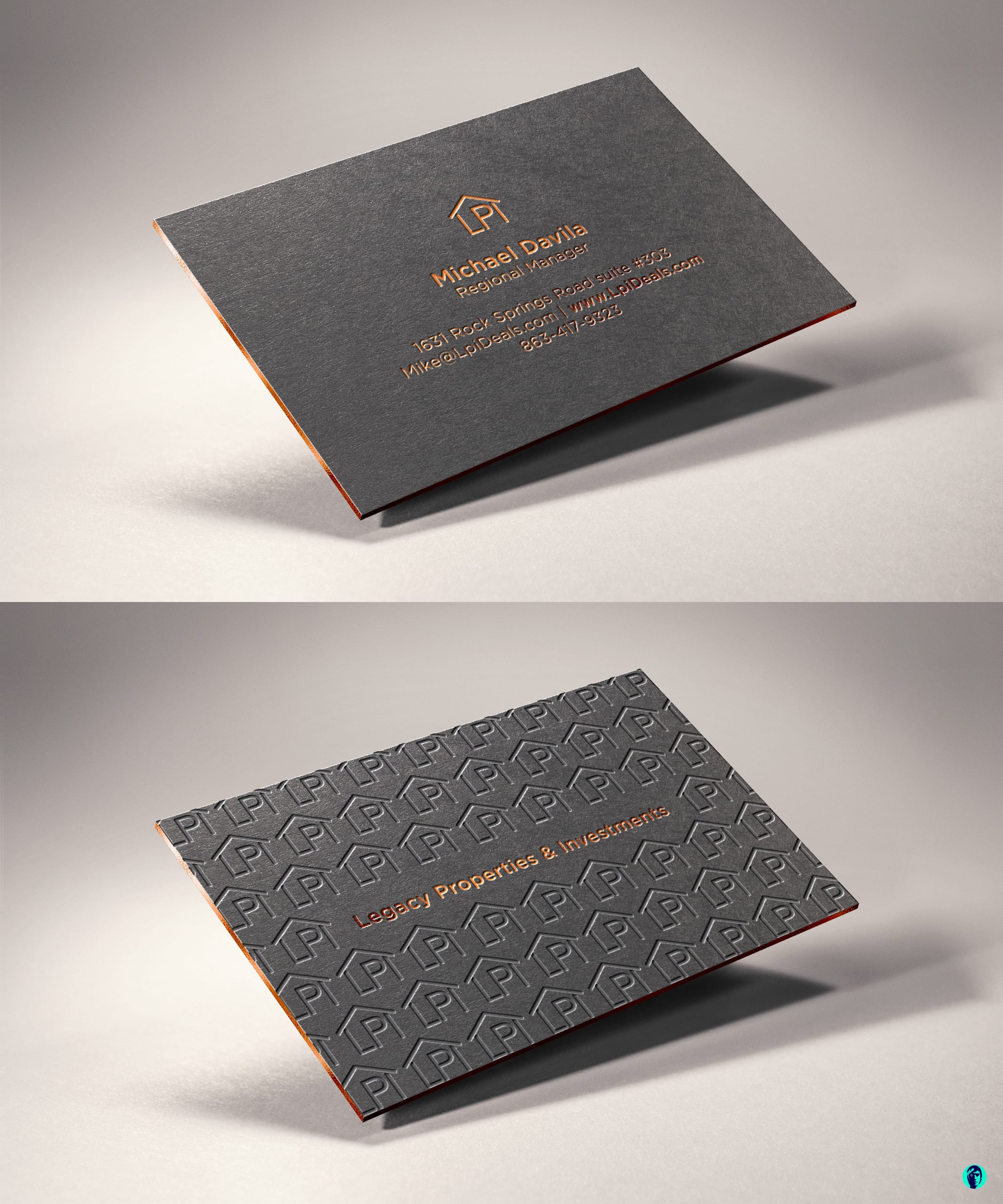 Orange and gray business card design for a real estate brand