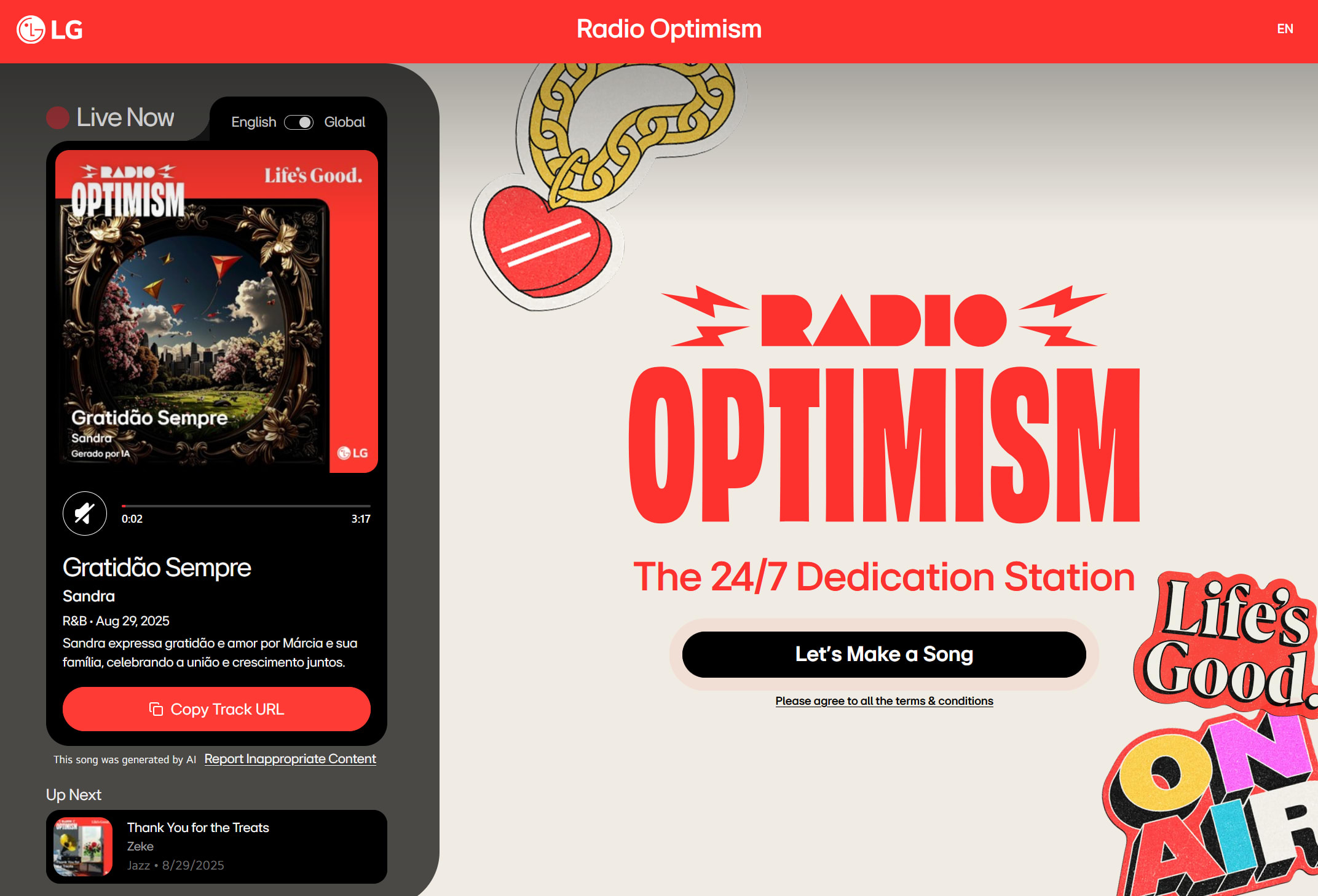 Screenshot der Radio Optimism-Website von LG zum Kreieren KI-generierter Lieder als Beispiel des Unexpected AI Marketingtrends für 2026