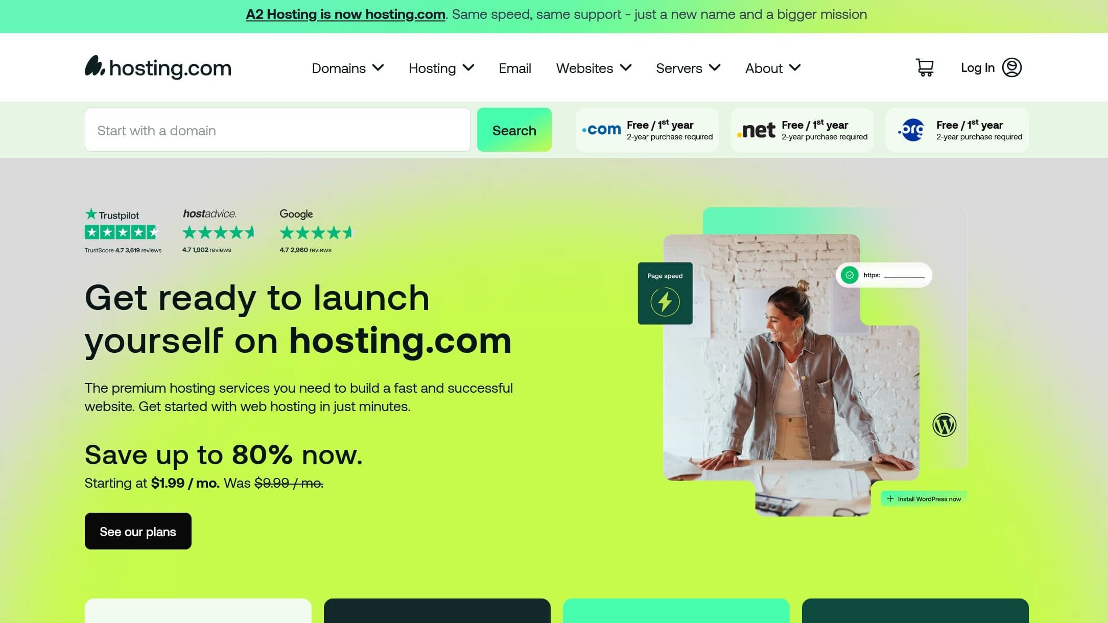 A2 Hosting web hosting home page