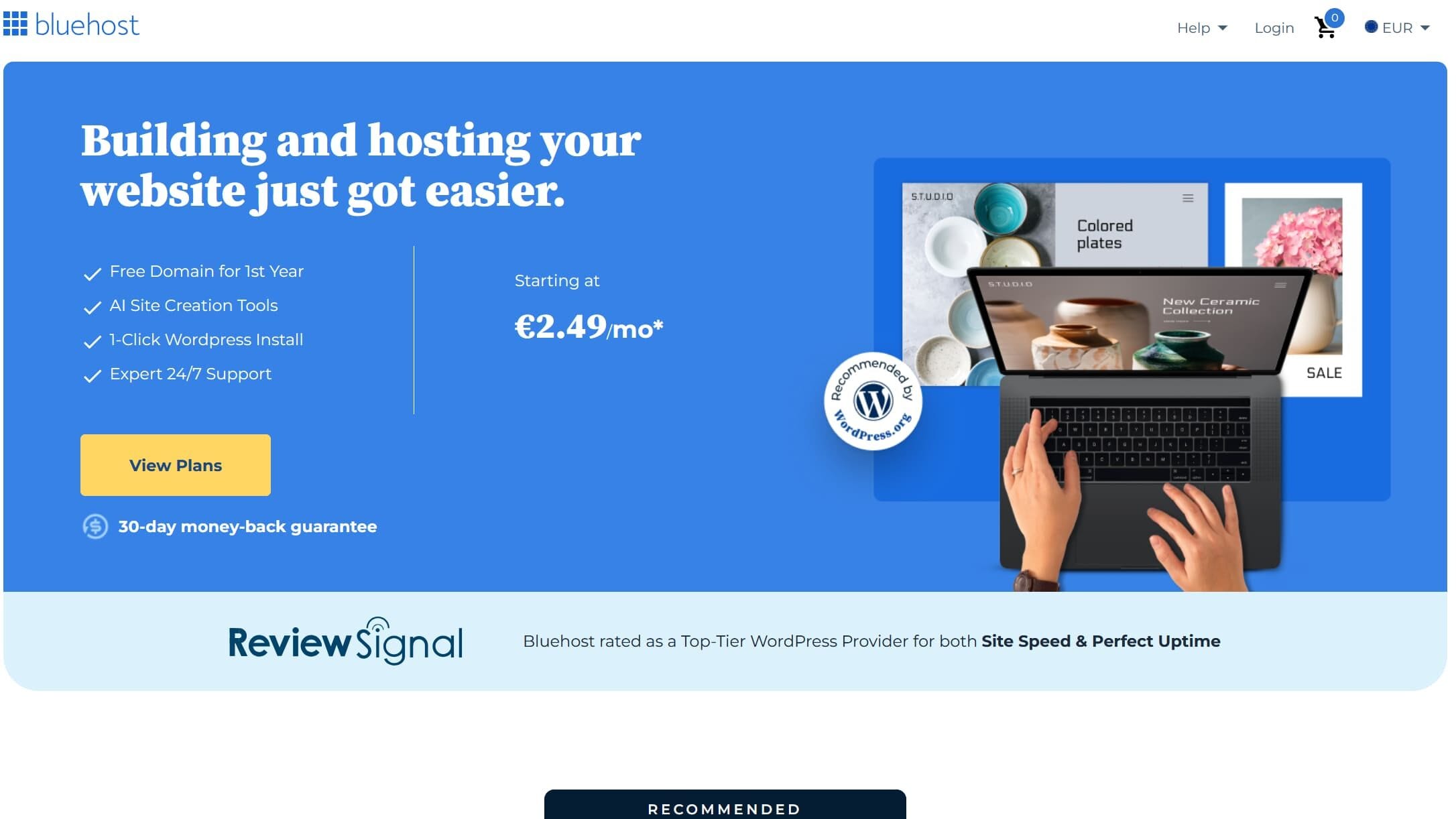 Bluehost web hosting home page