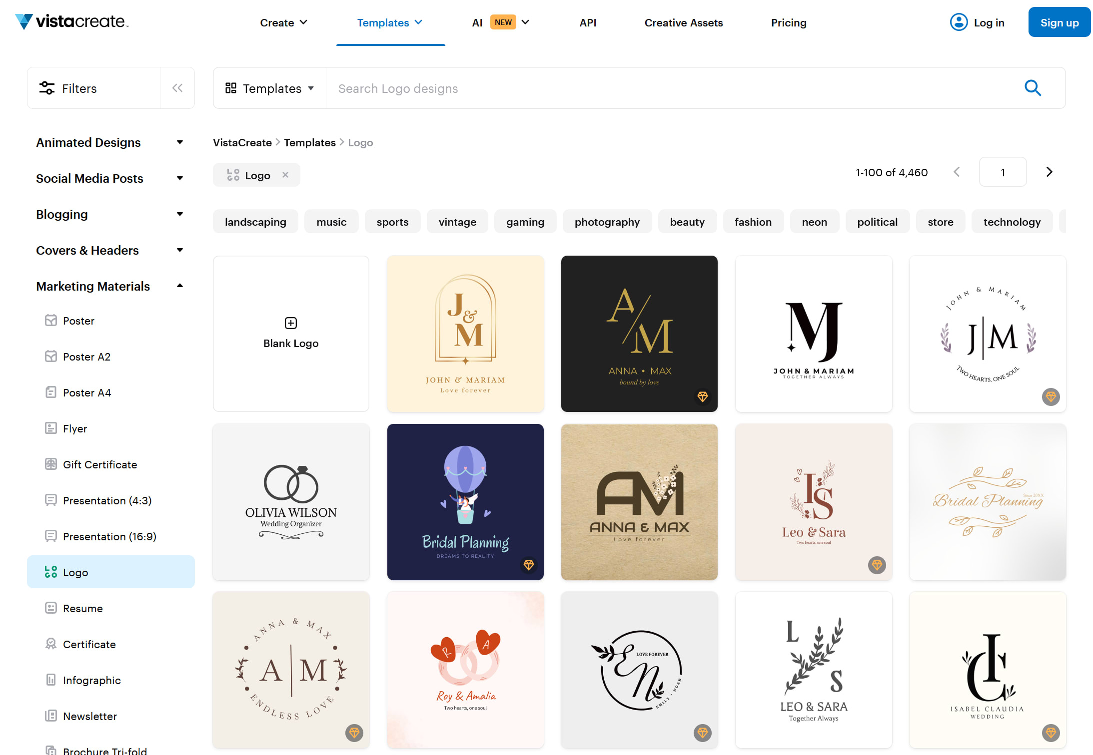 A screenshot of the logo design templates gallery on VistaCreate
