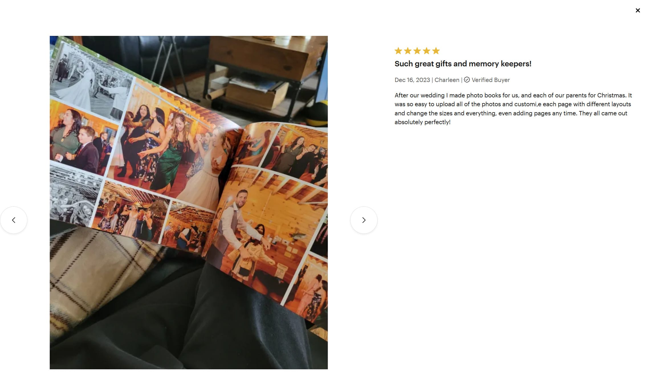 Un avis sur un livre photo que le client a créé sur le site de VistaPrint pour l’offrir à ses parents comme cadeau de Noël