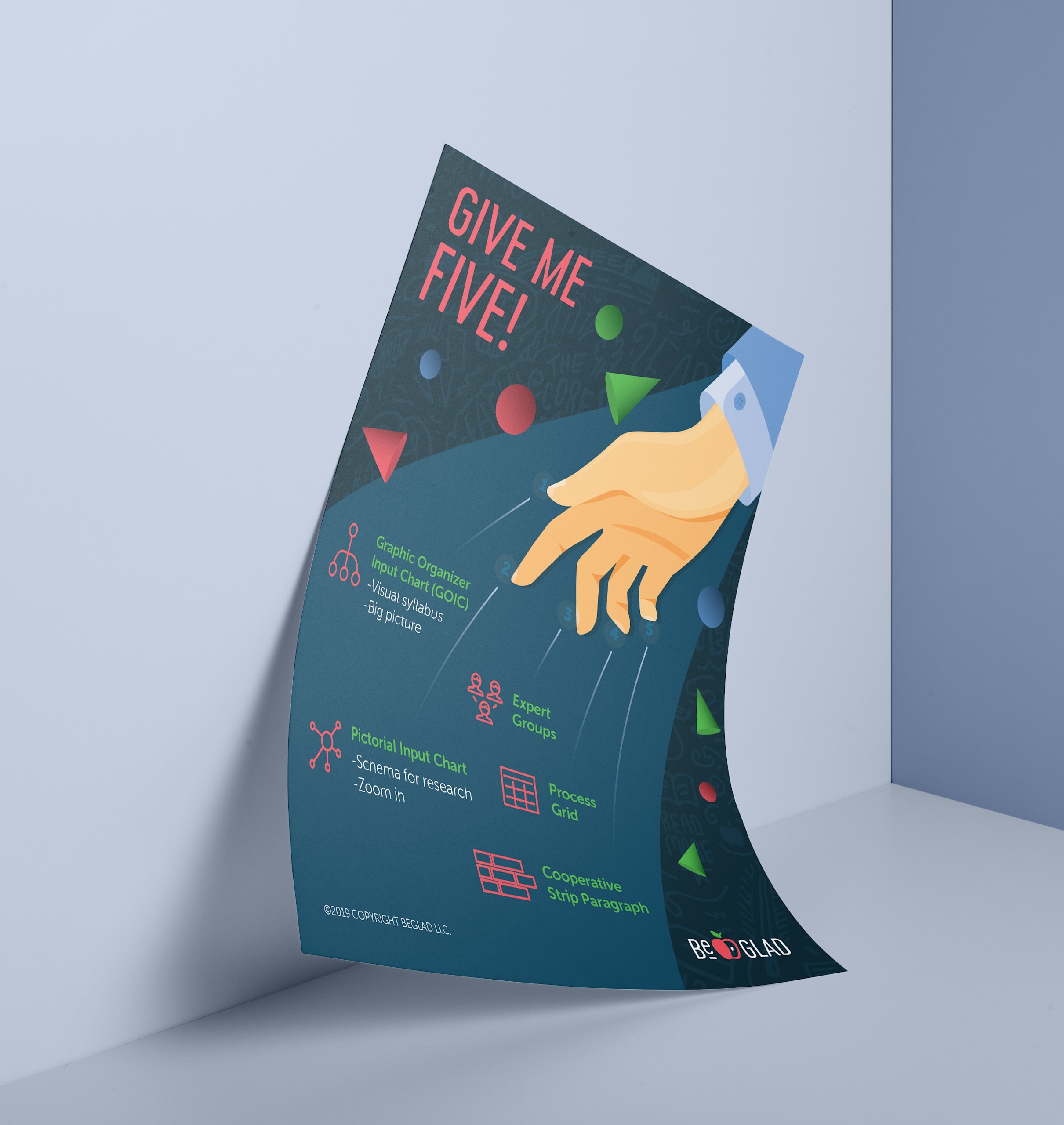 green and blue poster showing a large hand and text