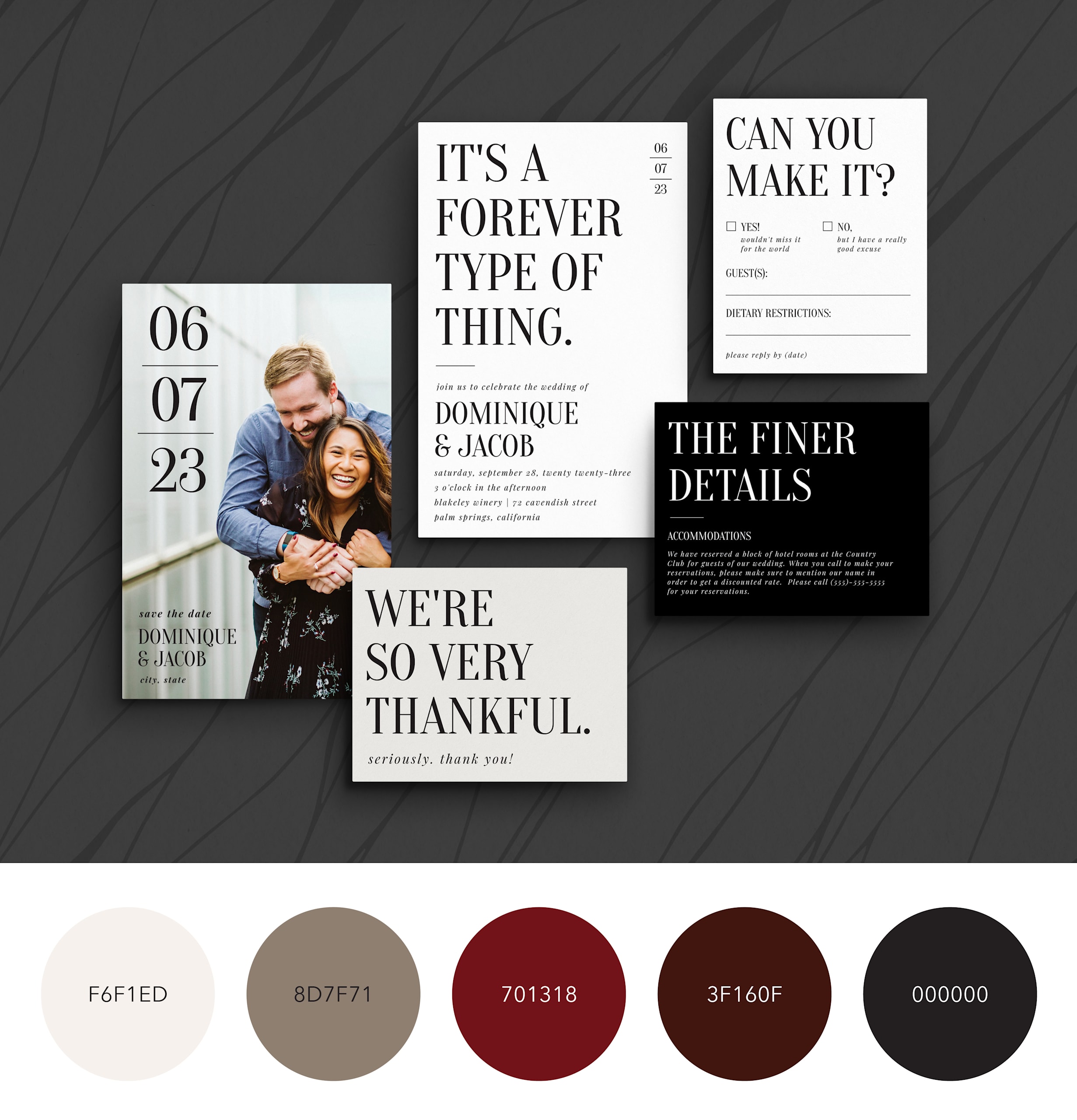 A color palette for a wedding that focuses on bold type