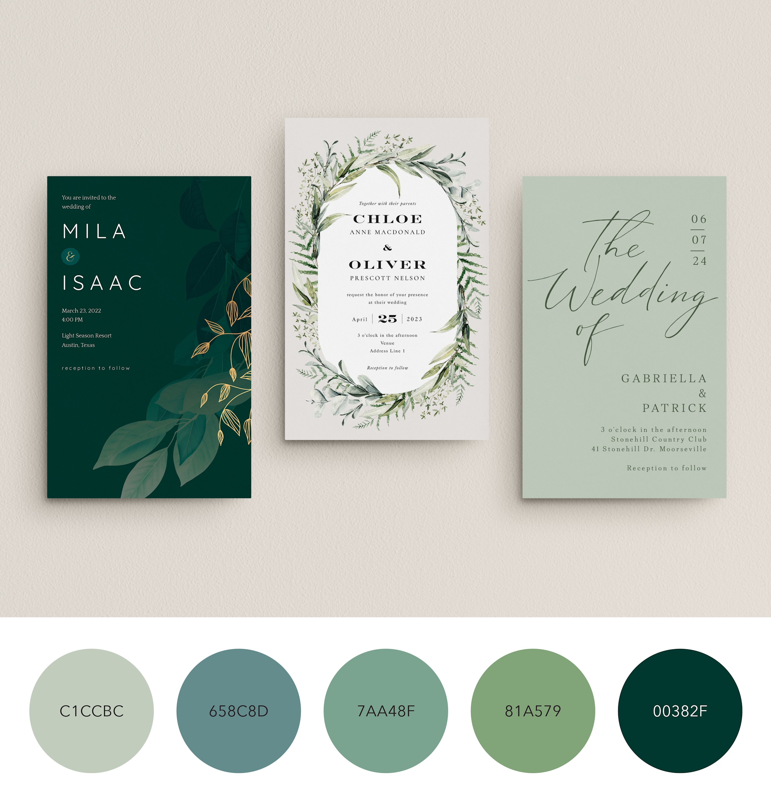 A green color palette for a monochromatic wedding