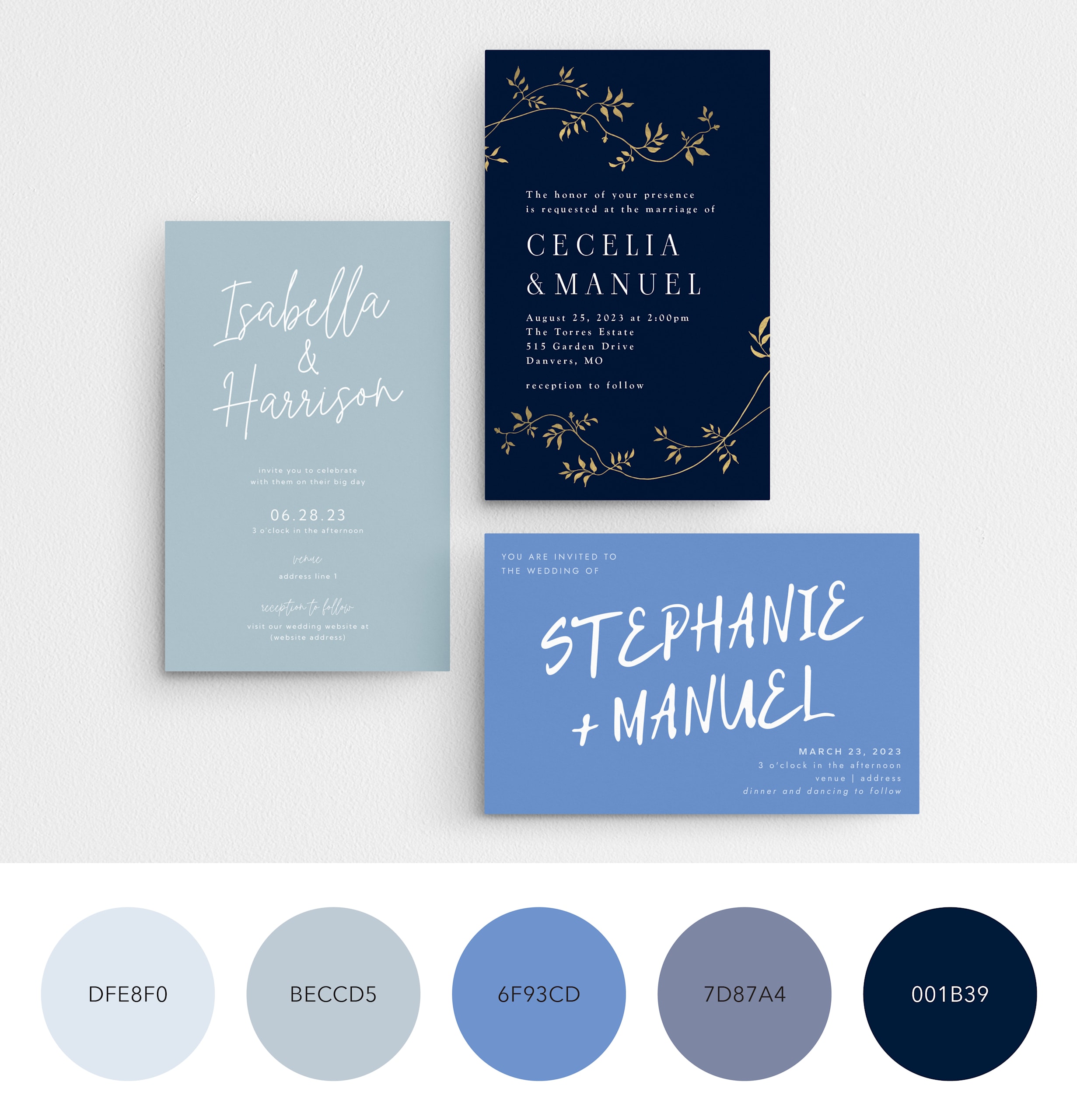 A blue color palette for a monochromatic wedding