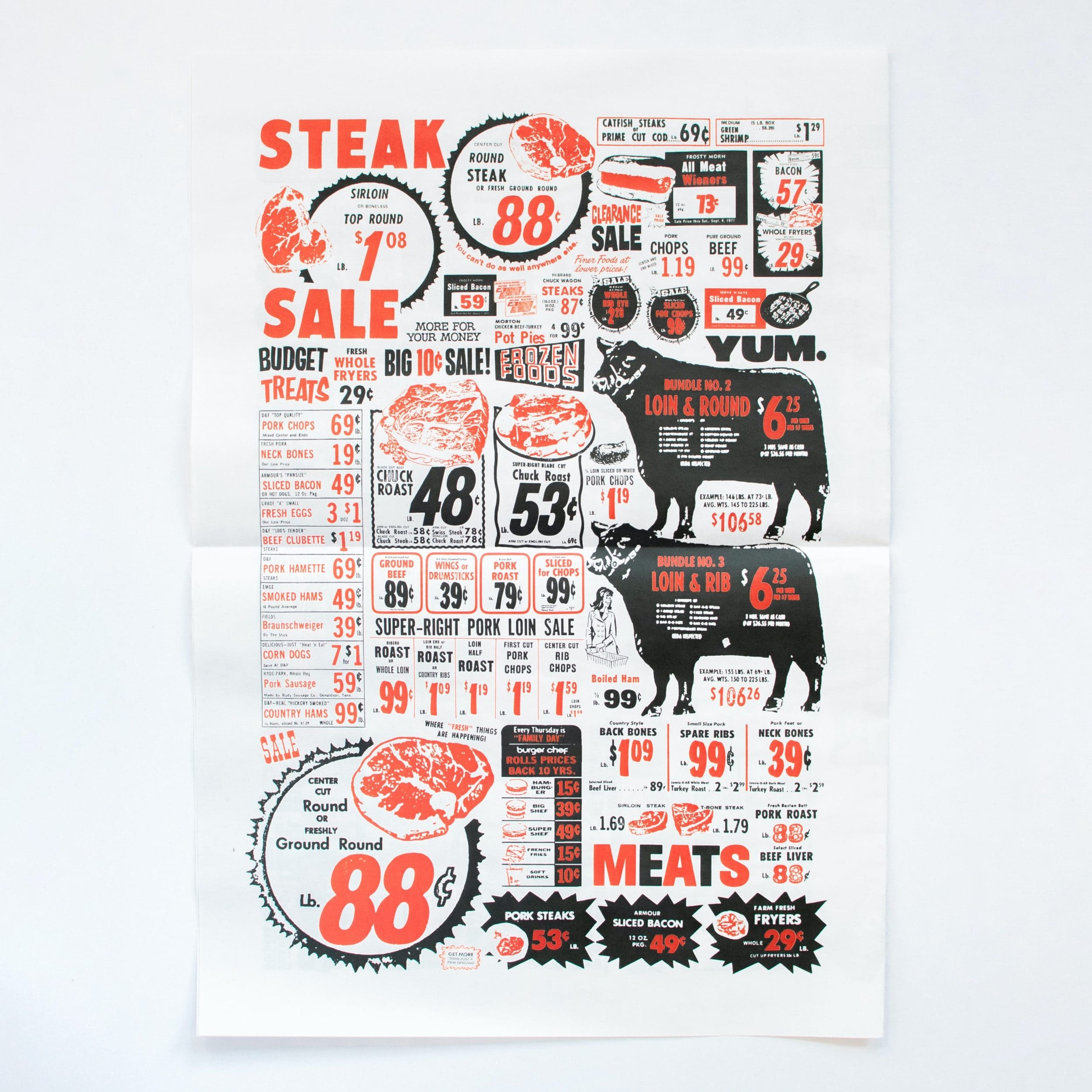 Vivid single-page butchery flyer on a white table.