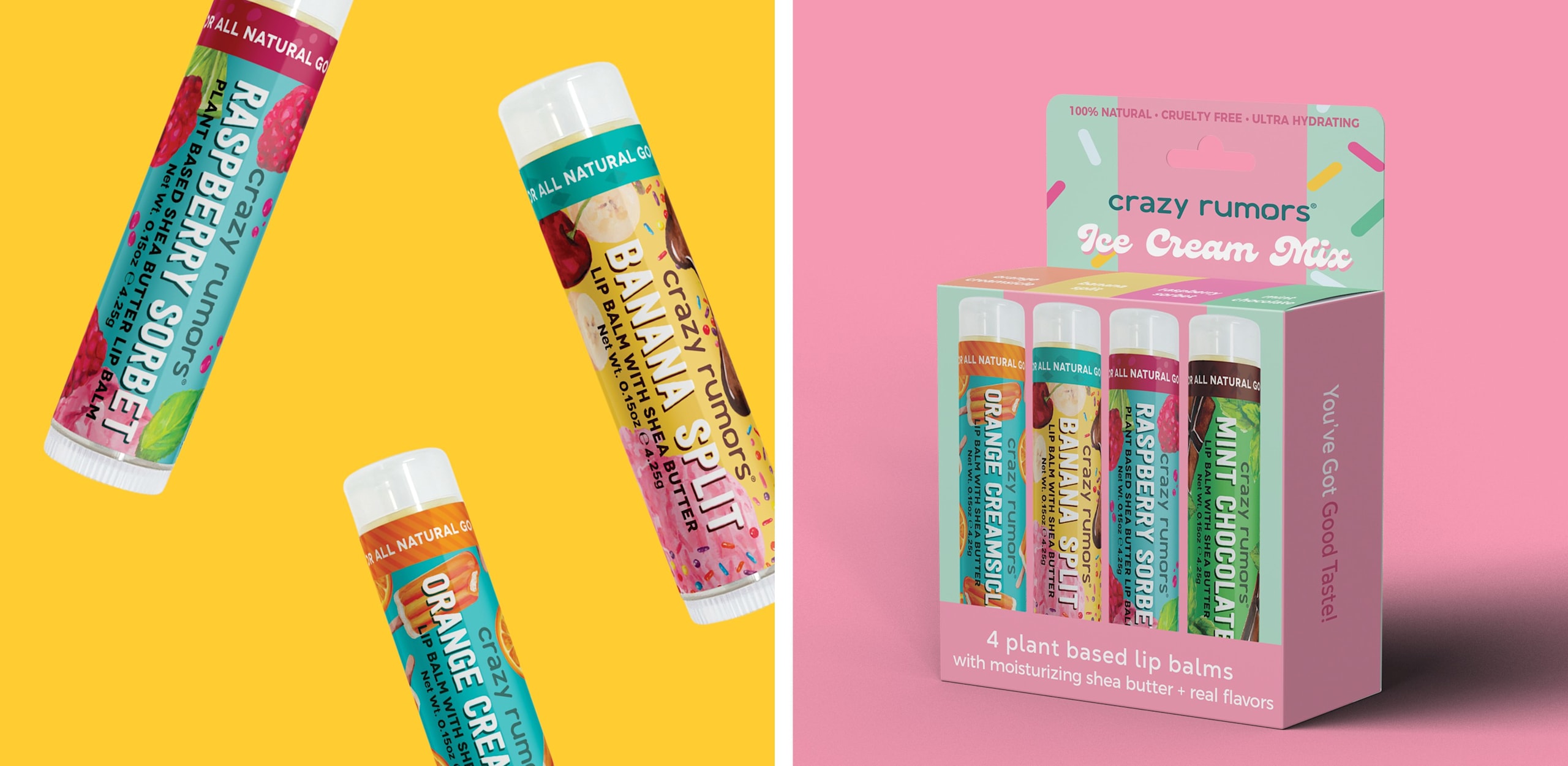 Lippenbalsam in leuchtenden, fruchtigen Farben nach dem Verpackungsdesign-Trend der fruchtigen Farben