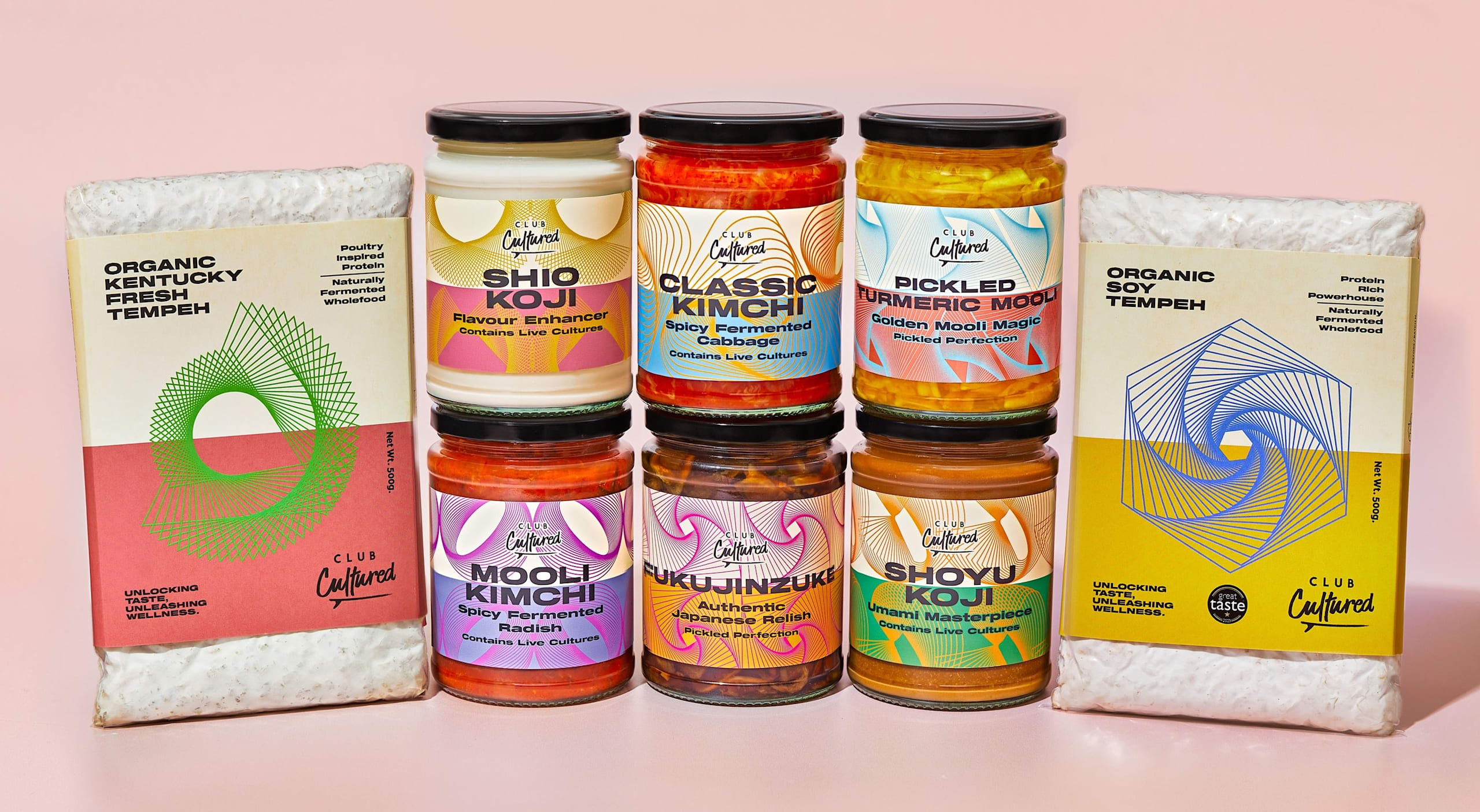 Brightly coloured Twisted Sustainability packaging design for a fermented food product line