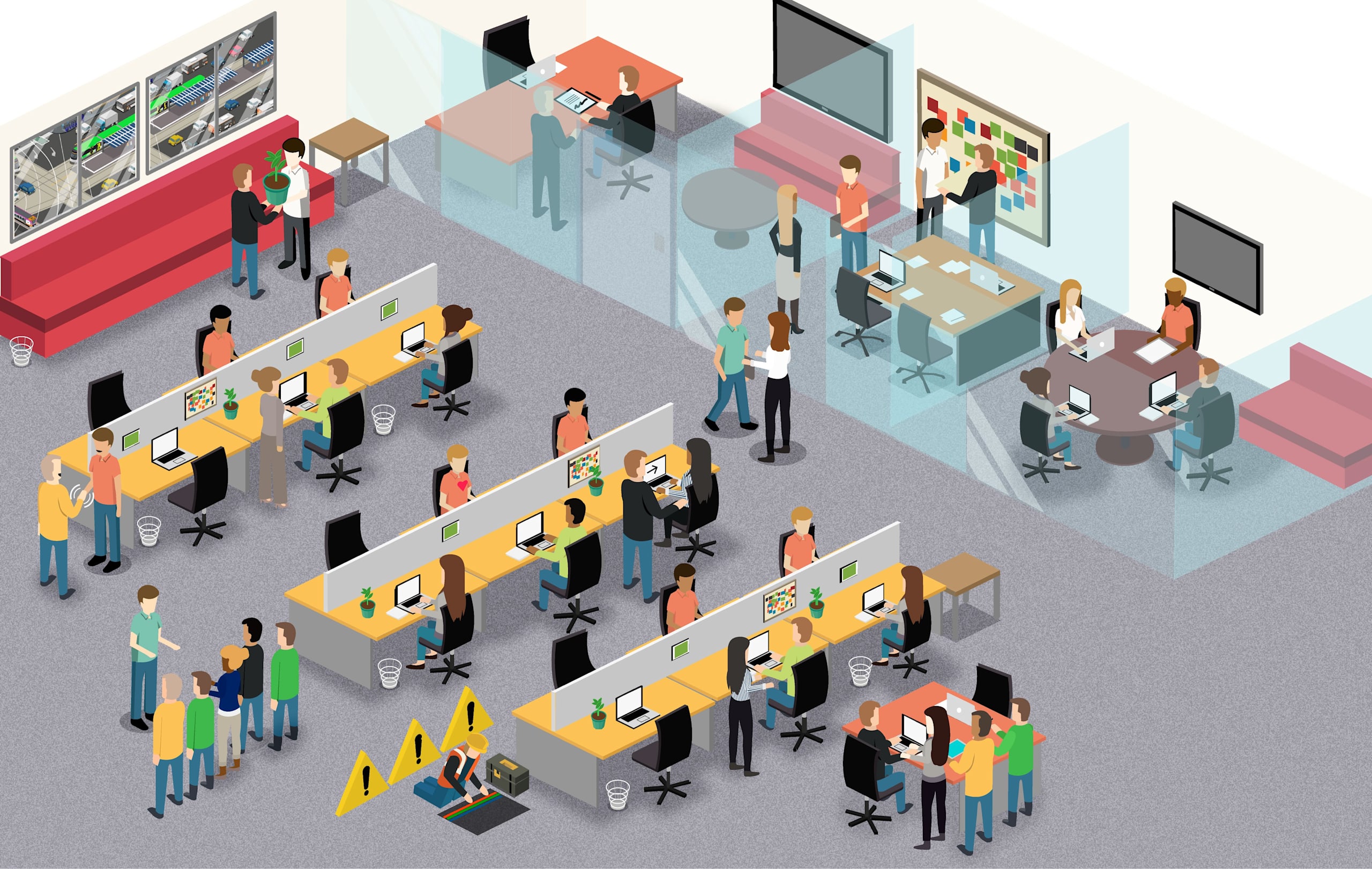 Illustration of various teams at work in an office