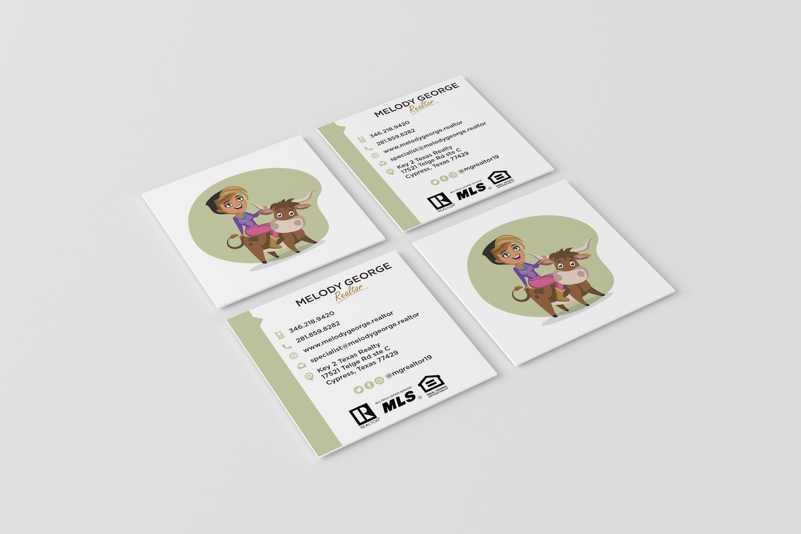Real estate business card with a cartoon-style illustration