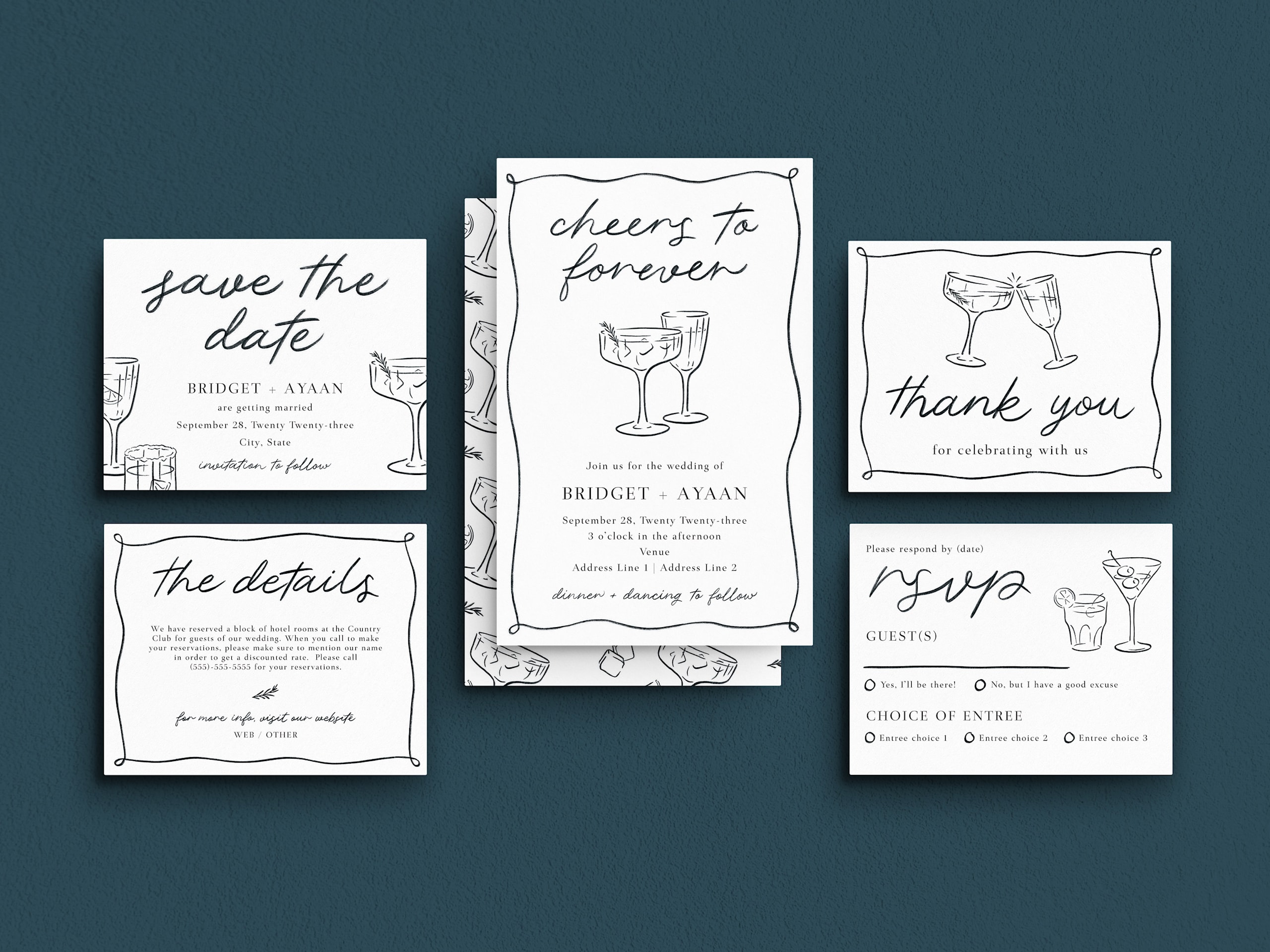 Vintage cocktails wedding invitation suite with an RSVP card