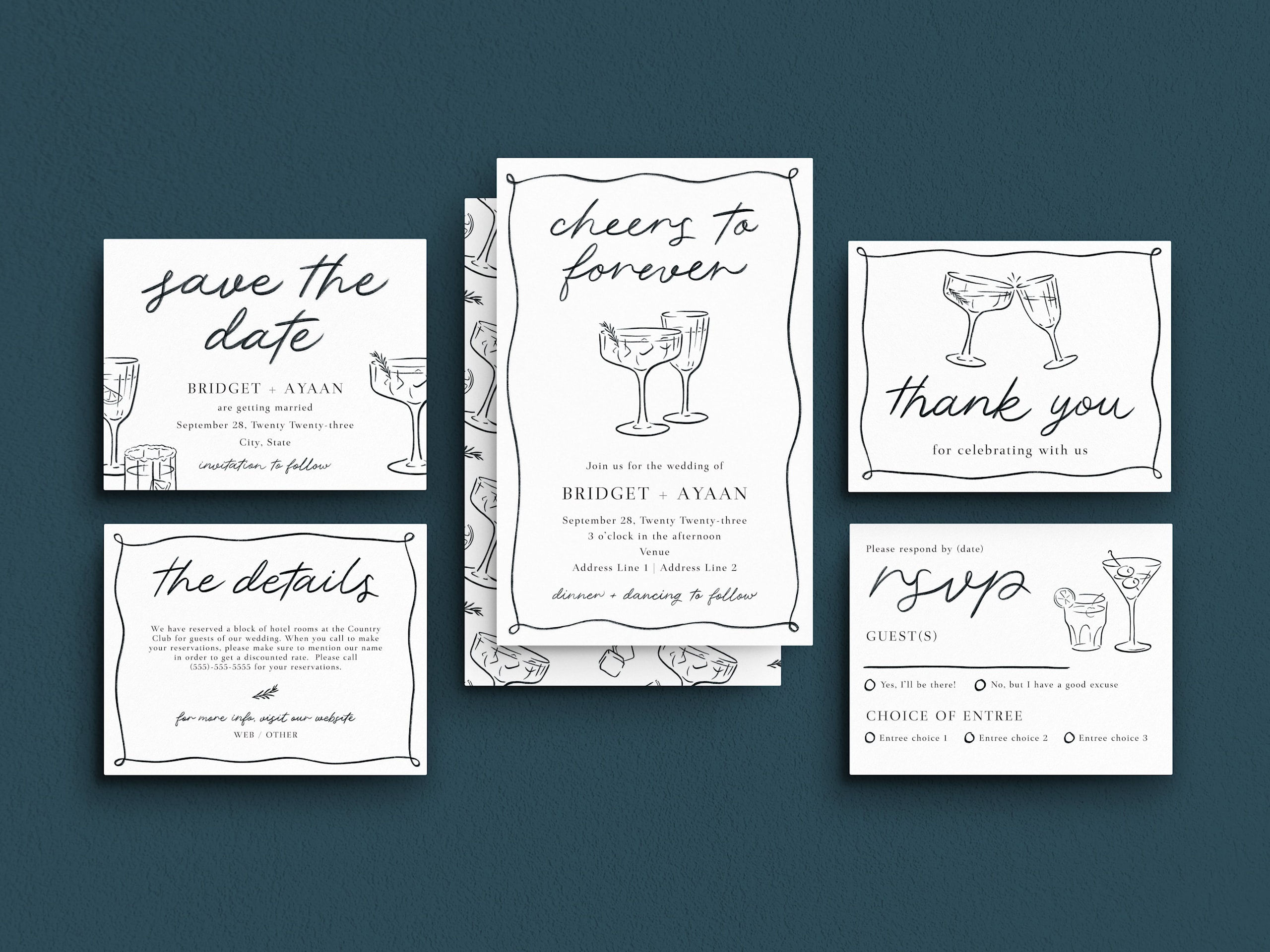 Wedding trends: hand-drawn cocktails save the date, wedding invitations, menu