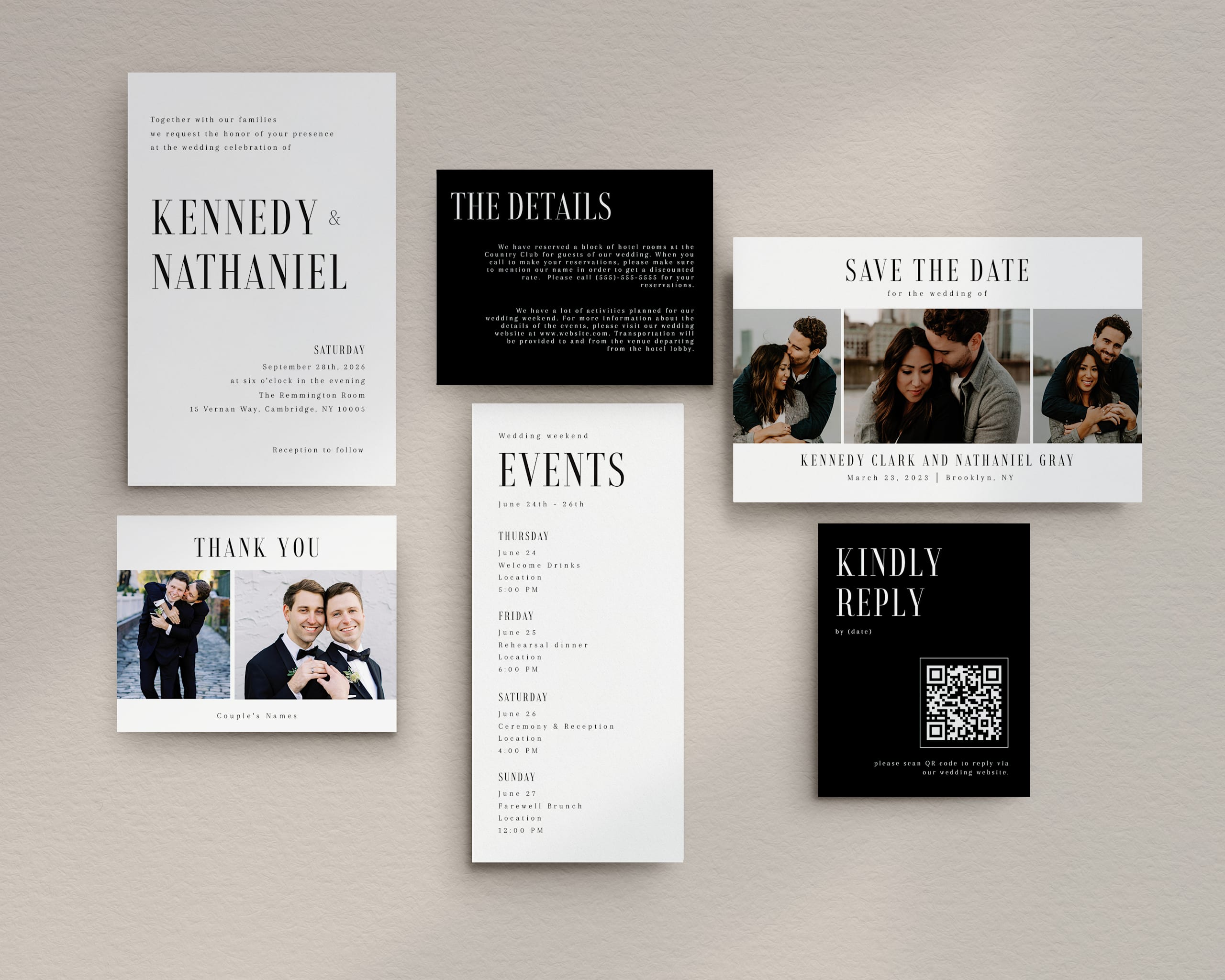 Elegant wedding invitation idea using serif fonts in a black & white color scheme
