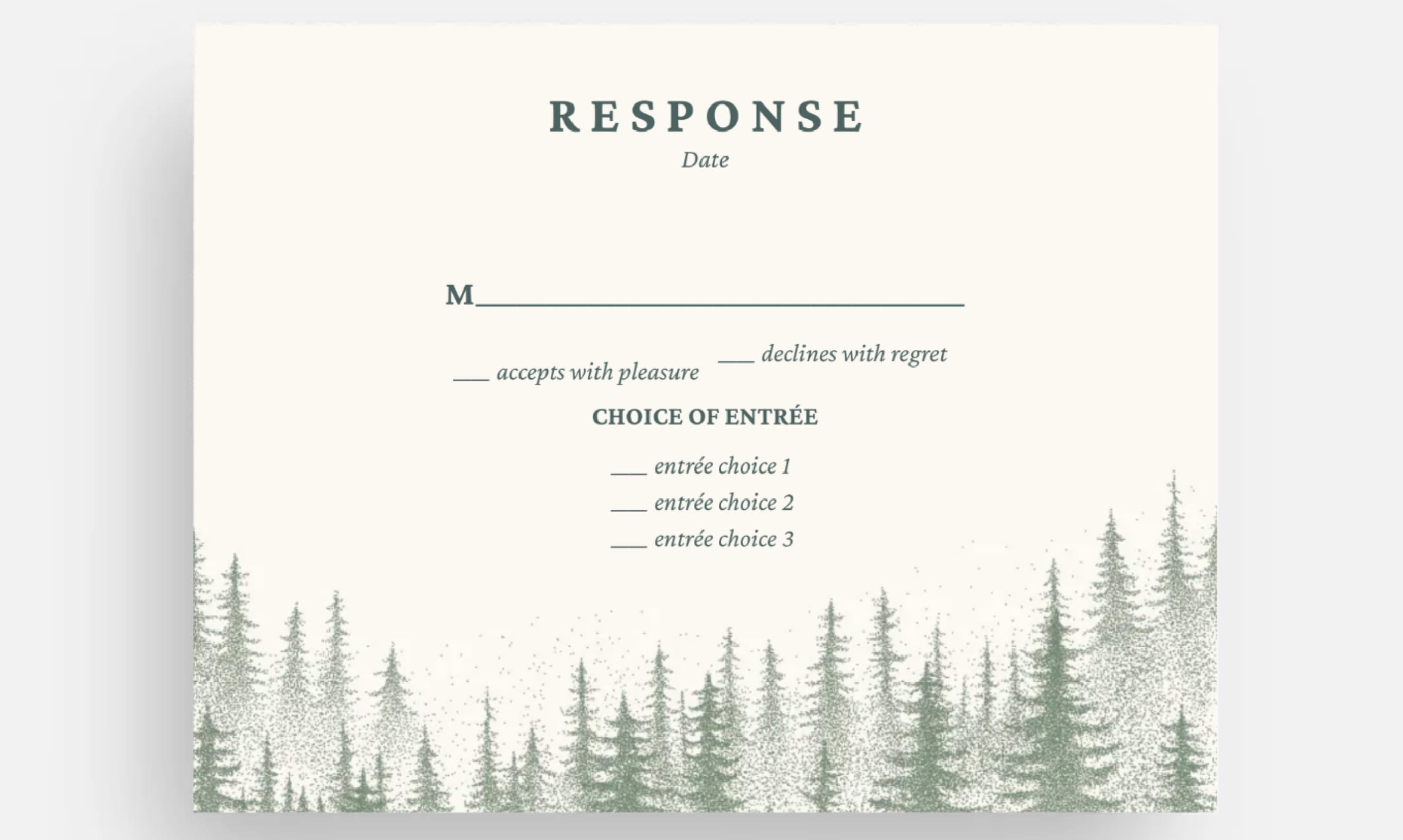 Destination wedding RSVP card with tree imagery