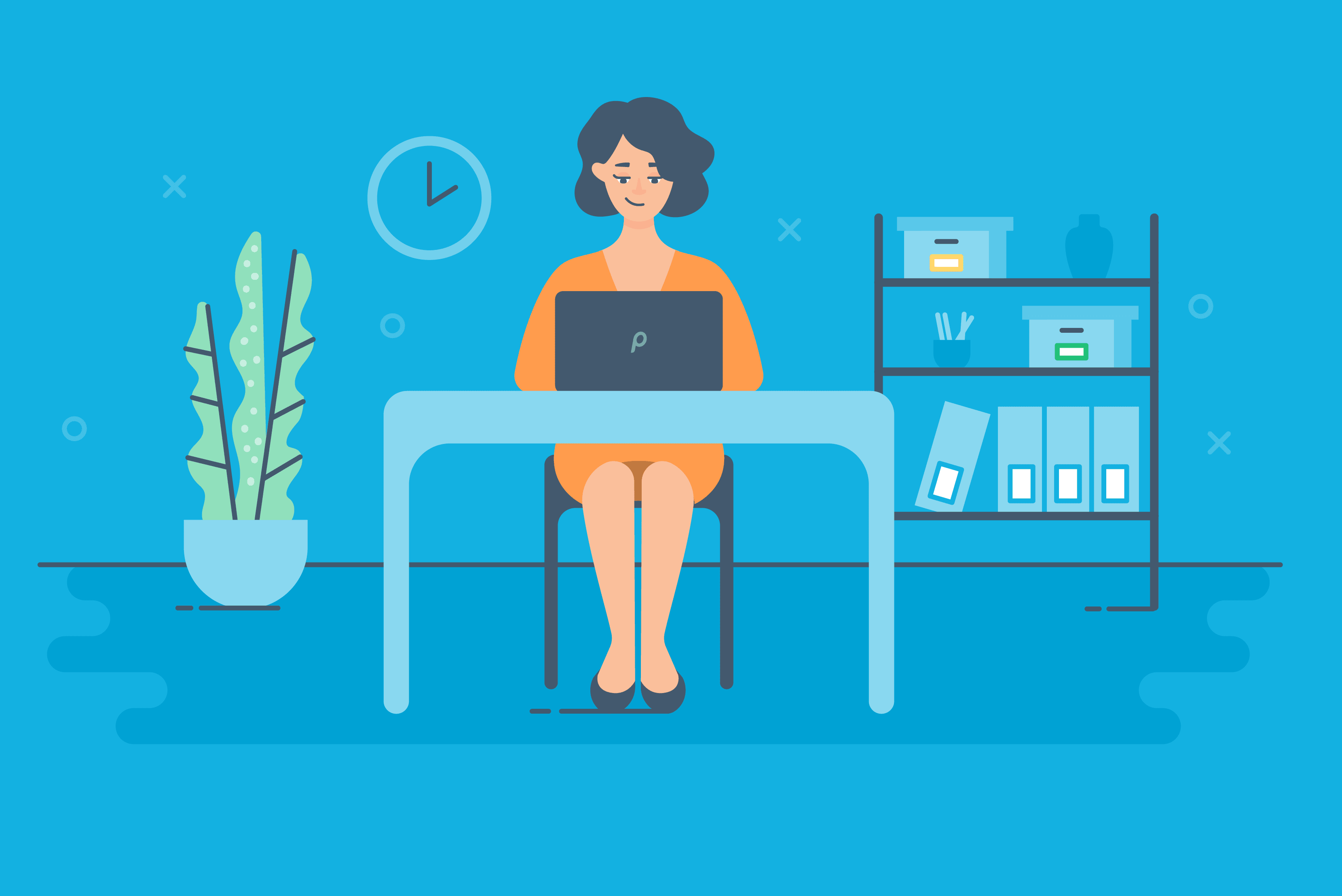 woman at desk blue background