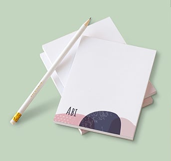 notepad pink and blue pattern and personalised pencil