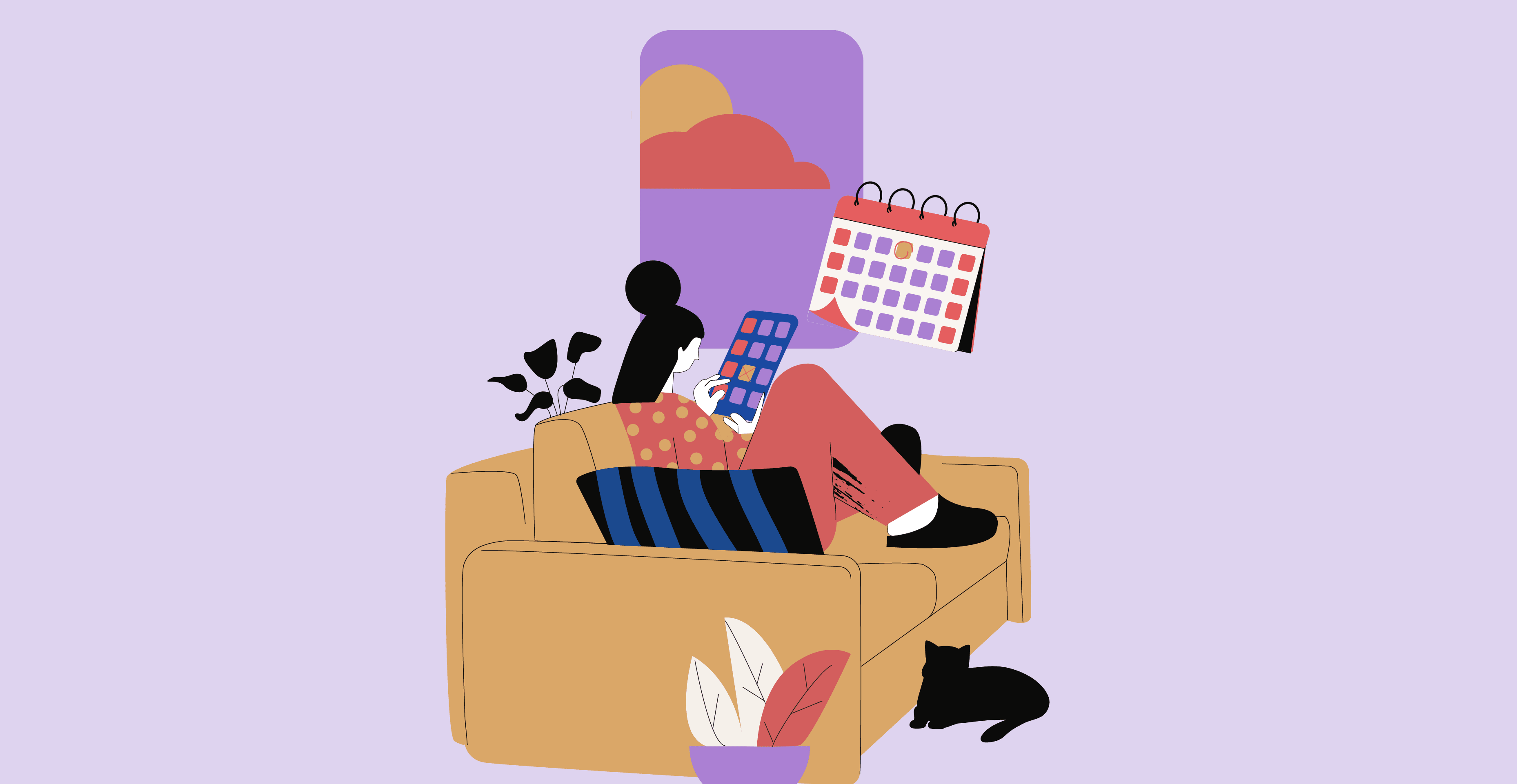 Illustration of a person sitting on a couch looking at a calendar and planning ahead