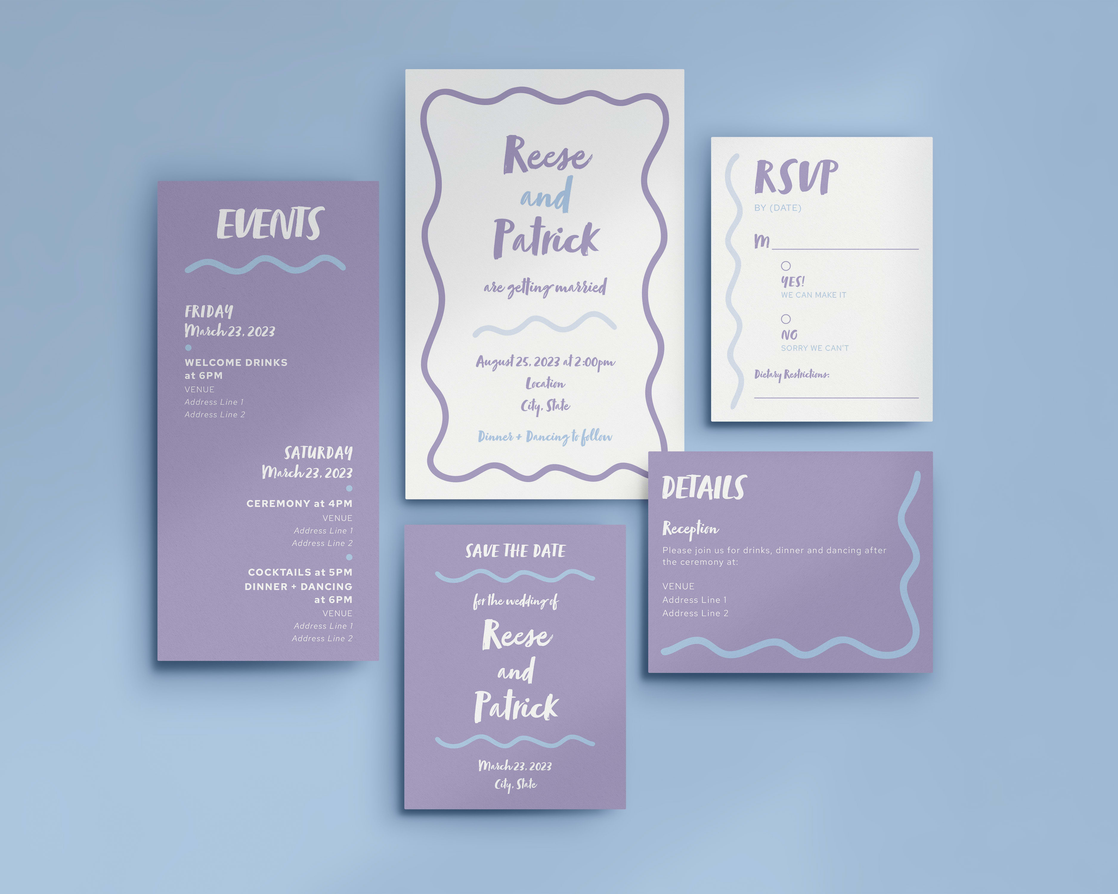 Casual RSVP card wording wedding stationery suite
