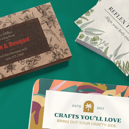 Business cards promoting Florist, health & wellbeing and crafts businesses featuring different card paper stocks.