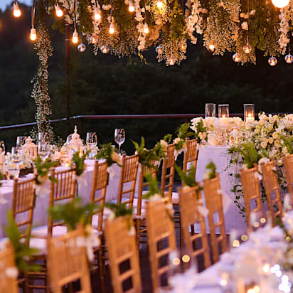Wedding reception setup that showcases various types of wedding businesses