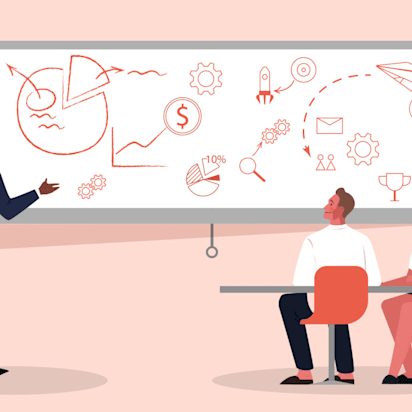 Illustration of a person explaining principles of marketing on a whiteboard with icons representing graphs, statistics, and ideas.