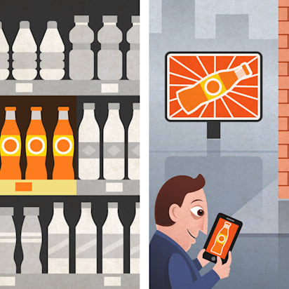 Illustration in gray and orange tones depicting a man viewing an orange bottle on his phone, matching ads on posters and a computer screen—visualizing what is marketing and branding.