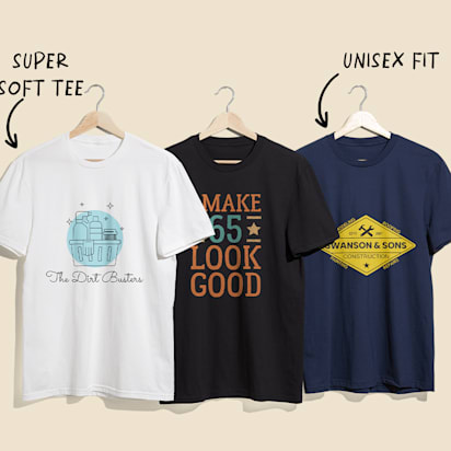 Three custom printed T-shirts on hangers with unique graphics and typography, illustrating how to print T-shirts in different styles.