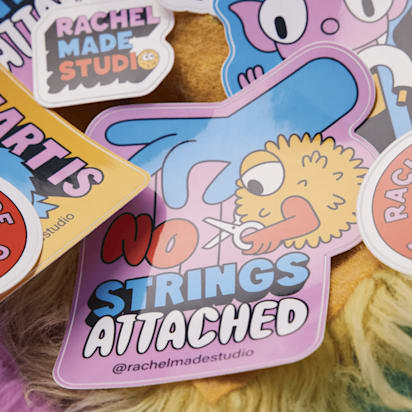 Colorful and playful stickers with bold text and fantasy characters on a fluffy background, illustrating the concept of a brand promise.