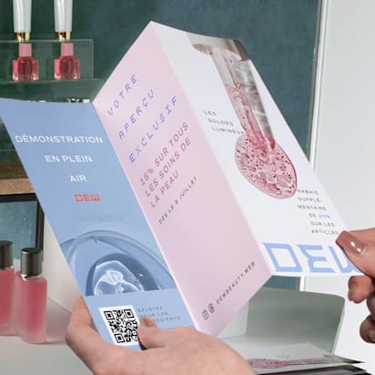 Tri-fold skincare brochure demonstrating visual hierarchy with bold headlines, contrasting colors and clear layout sections