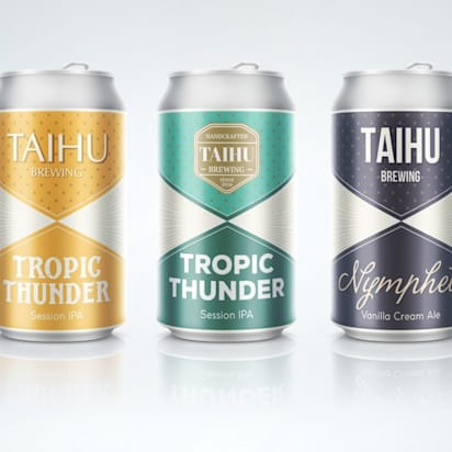 Colorful beer cans with unique branding and logos, showcasing creative beer packaging design.