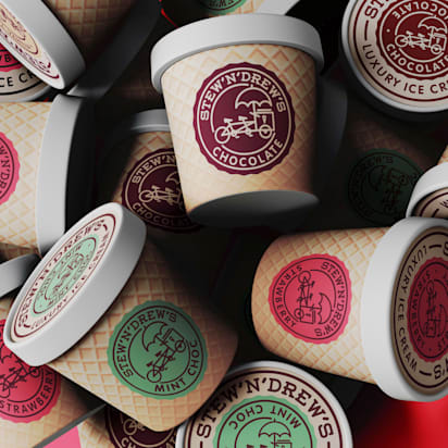 Colorful assortment of branded ice cream jars with logo stickers showcasing creative brand packaging."