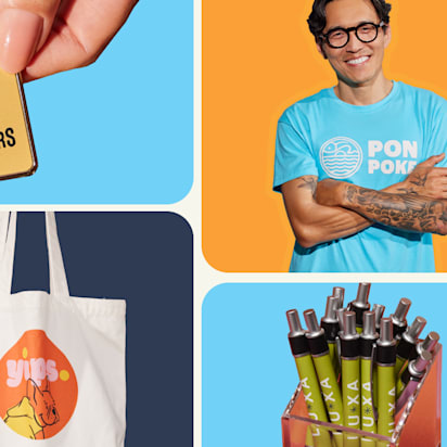 A collage of promotional merchandise including a totebag, keyring, pens, t-shirts, mugs, hats and stickers.