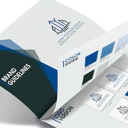 Open brand guidelines booklet showing color palette, logo versions and visual identity elements for a real estate brand