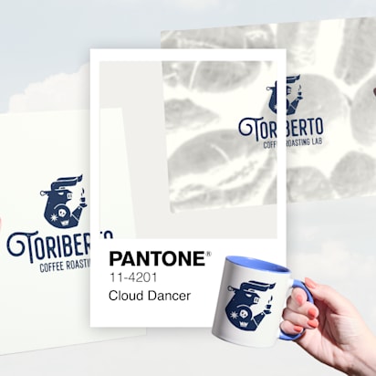 Branded packaging and mug in Pantone 11-4201 Cloud Dancer, held against a cloudy sky background