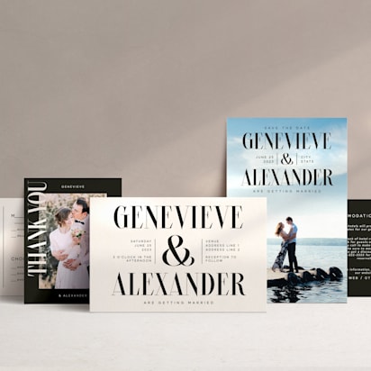 Modern black-and-white wedding invitation suite for Genevieve and Alexander, including save-the-date, RSVP, details, thank you, and main invitation cards.