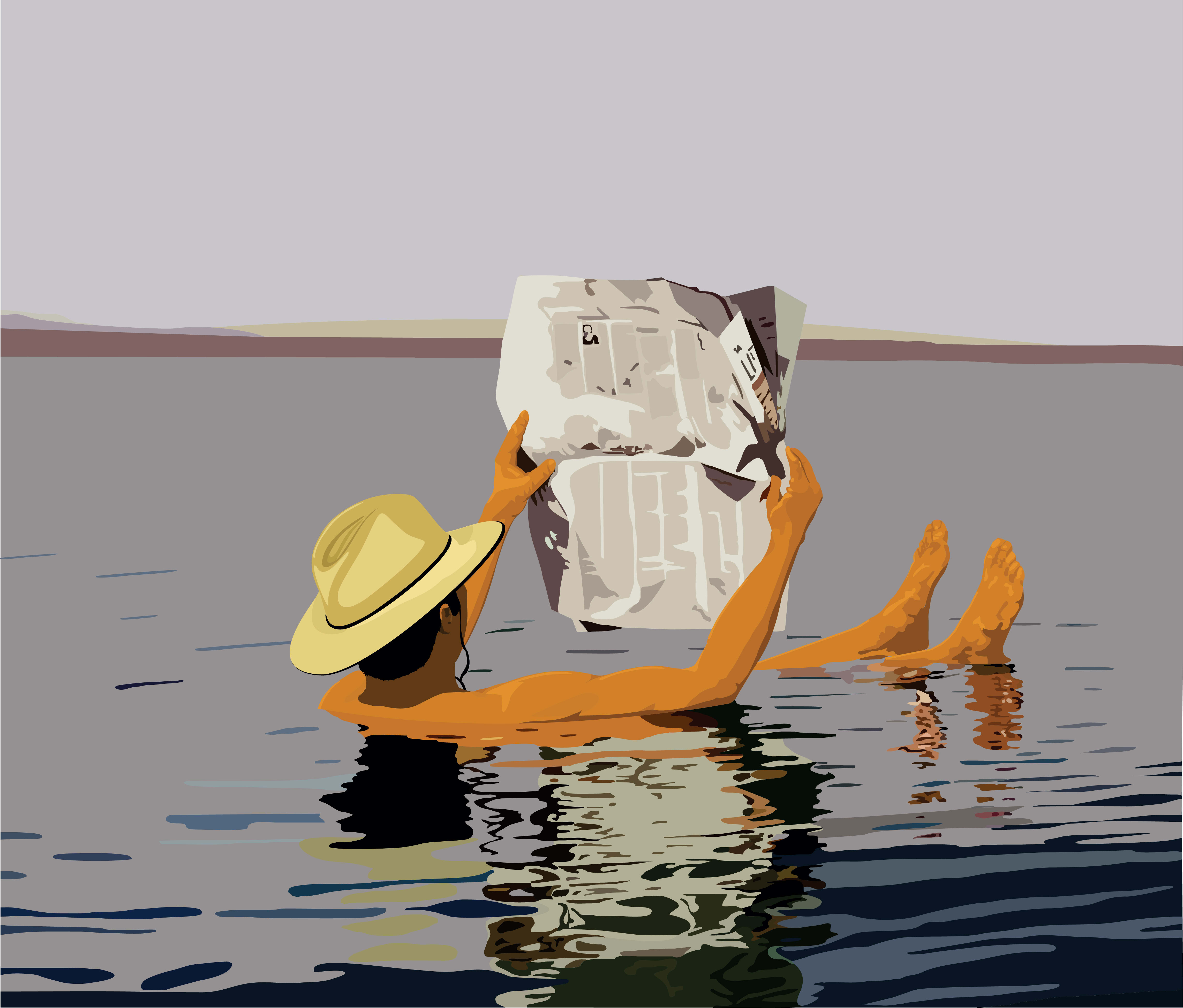 reading a newspaper in the water