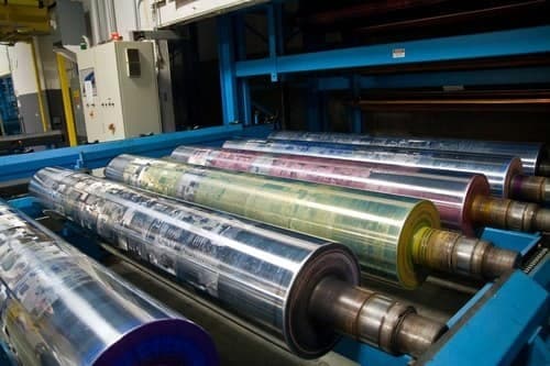 Close-up of a rotogravure printing machine’s cylinders