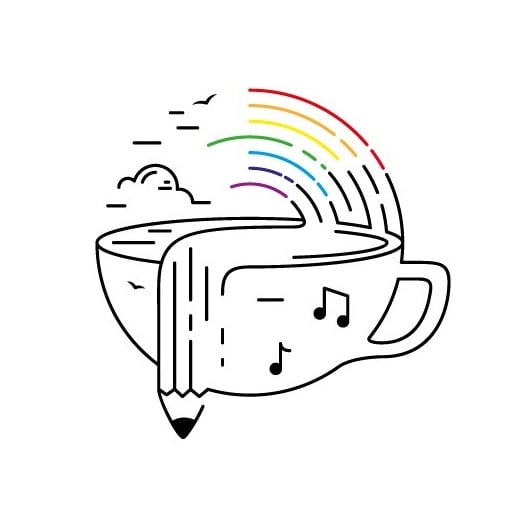 line illustration of a coffee cup, a rainbow, music notes and a pencil