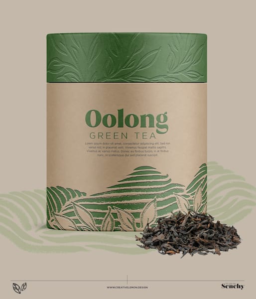An example of the Imprinted packaging trend 2026: brown kraft paper tea packaging with pressed green floral elements