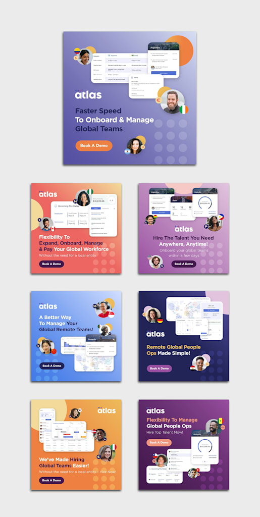 A selection of bold LinkedIn ad designs with bright and with strong colors, screenshots and circular images of happy employees
