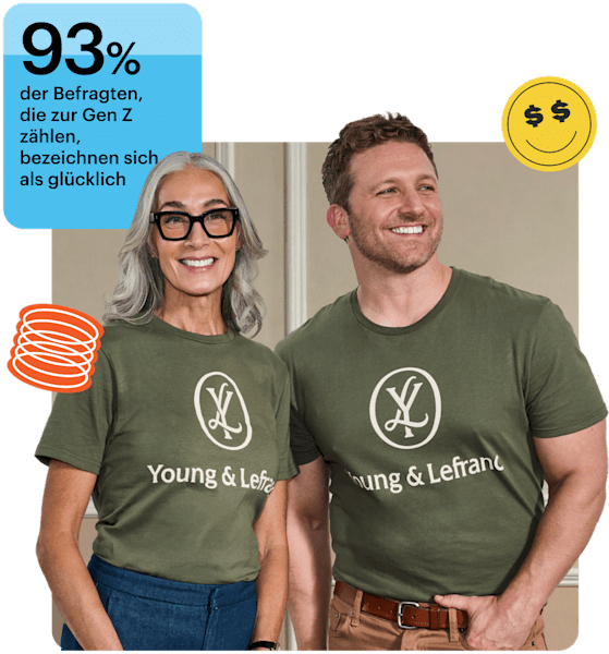 Eine ältere Frau und ein jüngerer Mann stehen lächelnd nebeneinander in olivgrünen "Young & Lefranc" T-Shirts. Ein blauer Kasten zeigt den Text: "93 % der Befragten, die zur Gen Z zählen, bezeichnen sich als glücklich