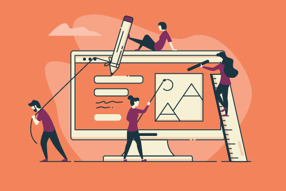 top of three illustrations people manually working on screen