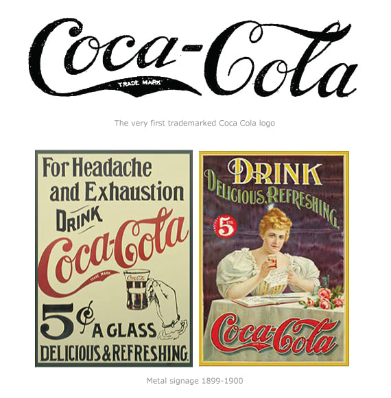 Coca-Cola logo and two vintage Coca-Cola ads