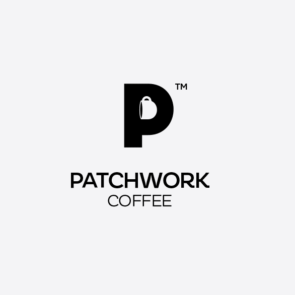 Patchwork coffee logo using logo trend subtle icon with a coffee icon in the letter 'P'