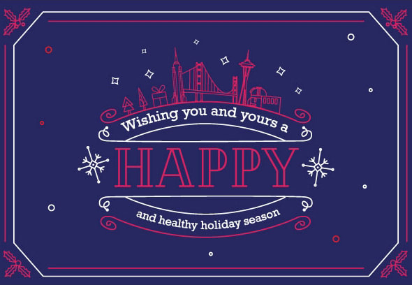 Custom holiday cards: skyline art of notable cities